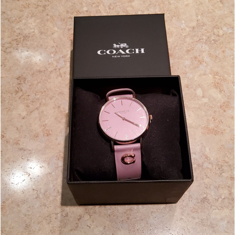 COACH PURPLE LEATHER STRAP WATCH 36MM "PERRY" ROSE GOLD PLATED STEEL - Picture 10 of 10